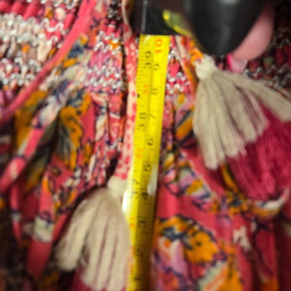 Free People Pink Floral Smocked Halter Maxi Dress Boho Tassel Tiered Size S